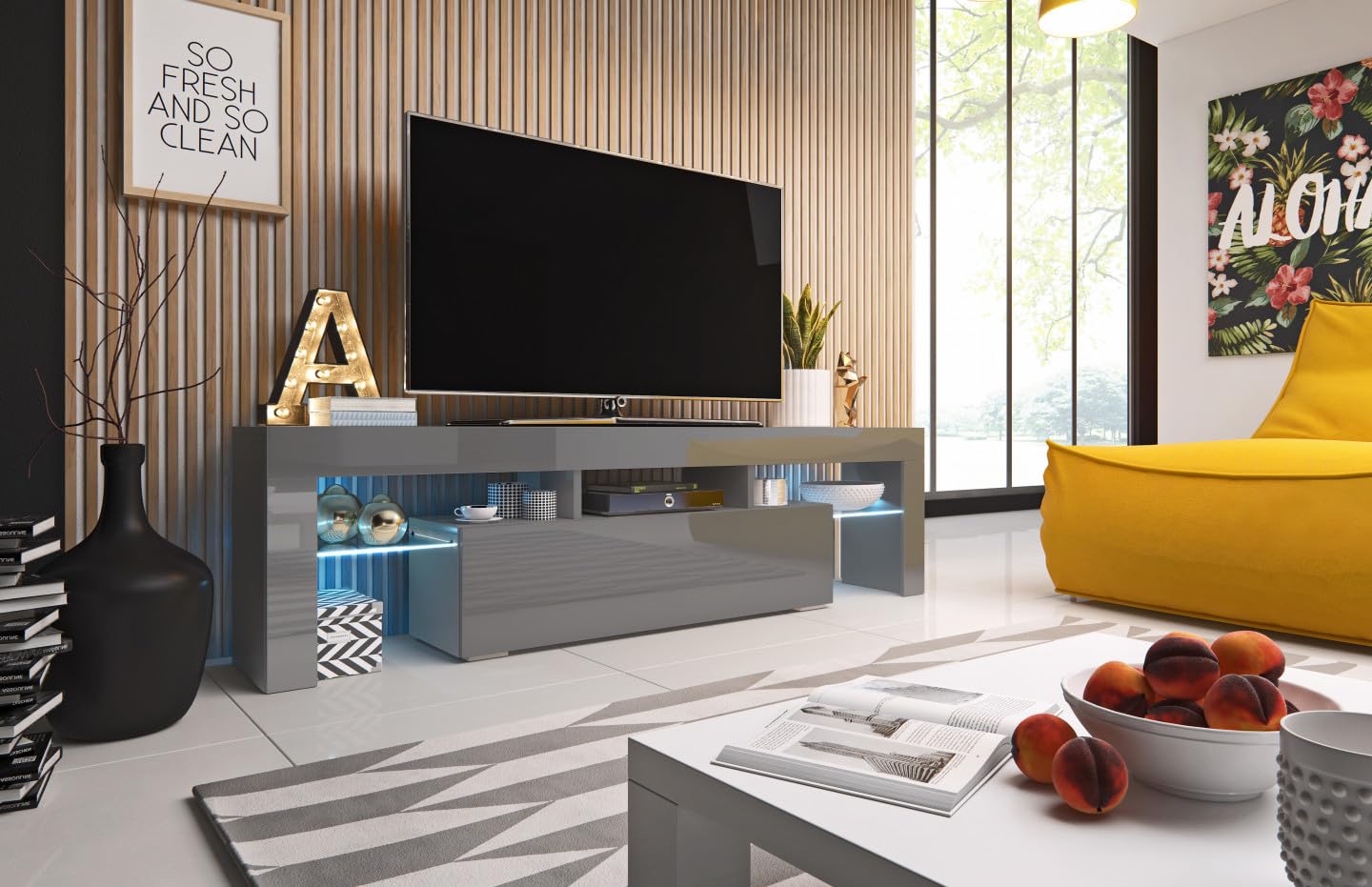 Meuble TV Toro 158 gris pour cacher les câbles et ranger le salon