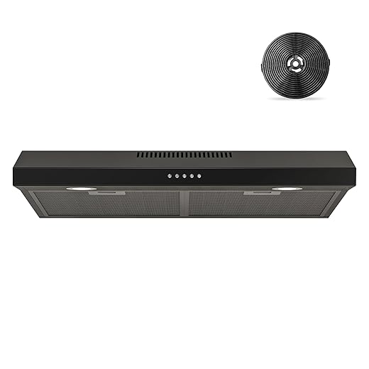 FIREGAS Black Range Hood 30 Inch Under Cabinet, Ducted/Ductless Convertible Kitchen Hood, 300 CFM, 3 Speed Exhaust Fan, Brushless DC Motor, Stove Hood Vents for Kitchen with LED Lights