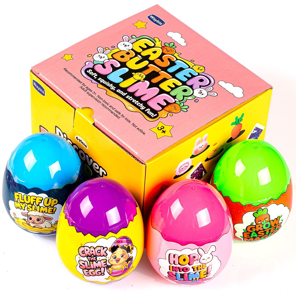 Waybla Easter Basket Stuffers for Kids – 4-Pack Butter Slime Eggs with Colorful Slimes, Glitter, and Easter Figurines – Fun Sensory Toy, Party Favors, Easter Basket Fillers