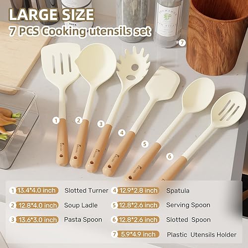 Miniatura 2 de Kikcoin Juego de utensilios de cocina grandes  Juego de 7 utensilios de cocina de silicona resistente al calor 446 F, mango de madera con soporte de