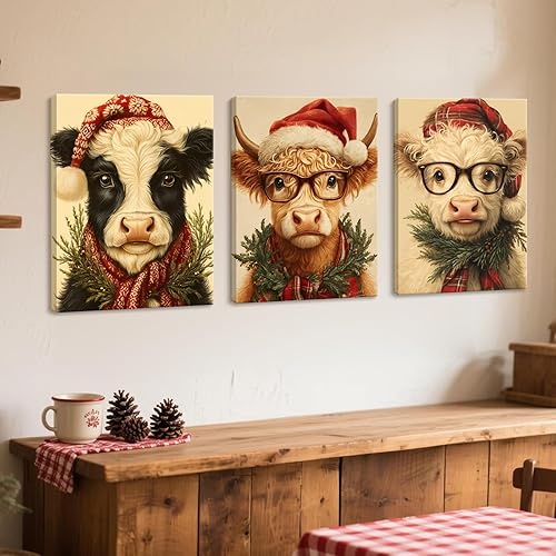 Miniatura 5 de Juego de 3 lienzos de pared de Navidad, imágenes únicas de vaca de las tierras altas, decoración de Navidad, decoración del hogar de vacaciones de
