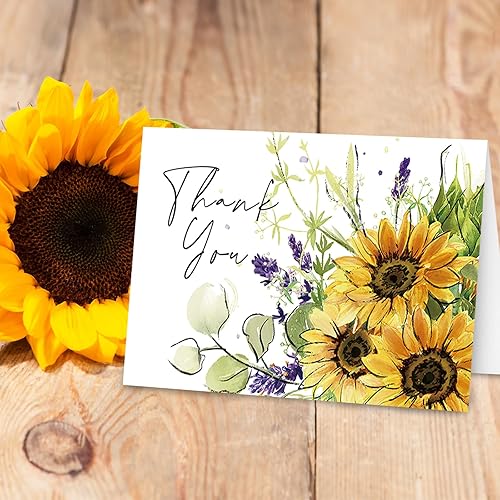 Miniatura 6 de Whaline Paquete de 24 tarjetas de agradecimiento de girasol, tarjetas de felicitación florales de acuarela a granel con adhesivo sobre tarjetas