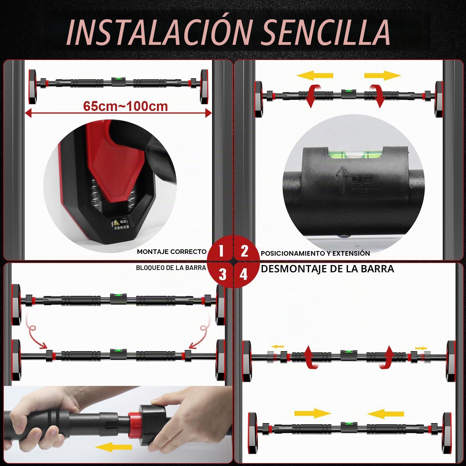Barra de dominadas para marco de puerta, instalación sin tornillos, ajustable de 76 a 100 cm, carga máxima de 200 kg, barra multifuncional para dominadas y flexiones para gimnasio en casa