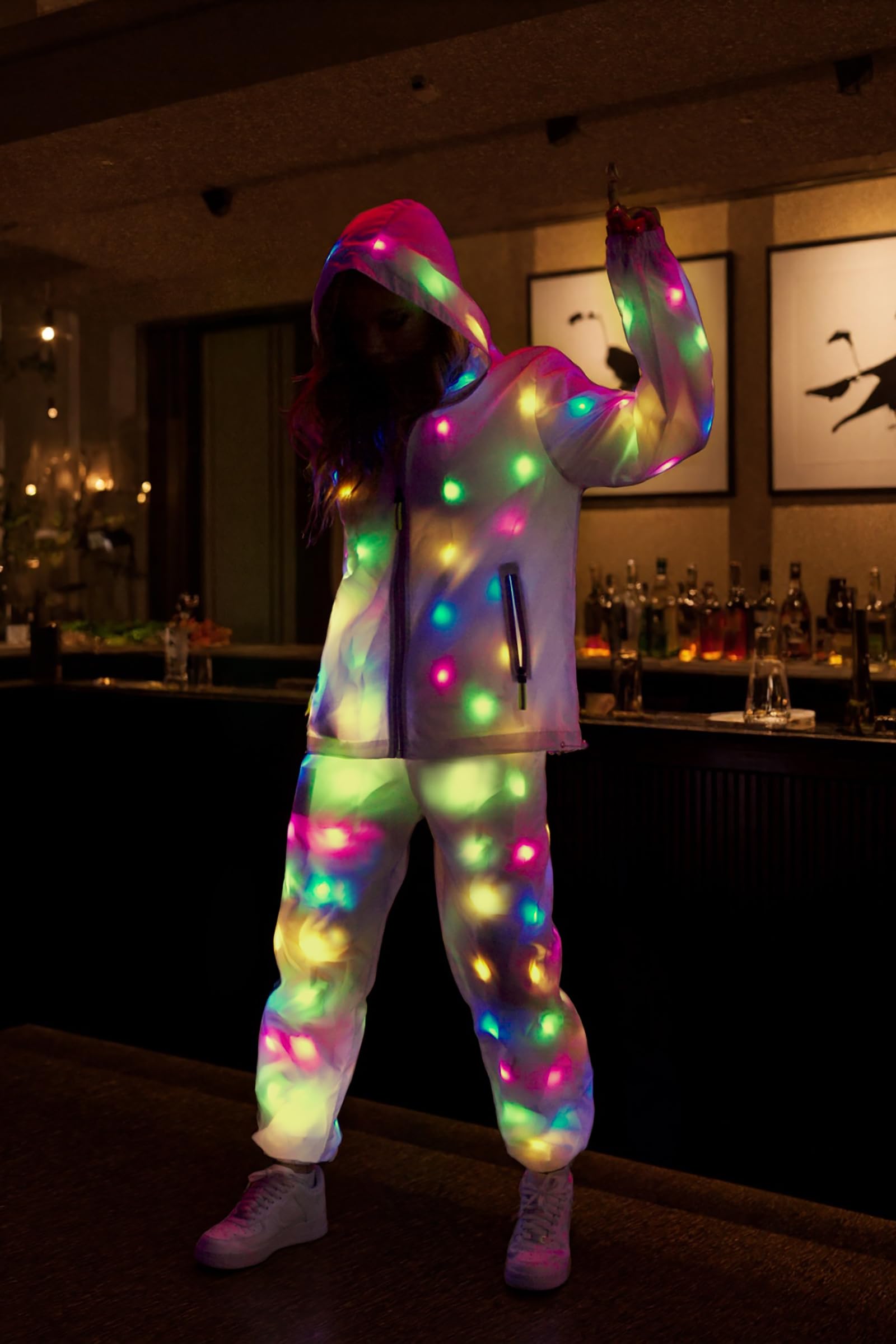 Giacca con cappuccio con luce a LED, per donne e uomini, 3 modalità (lampeggio lento/lampeggiante veloce/fisso), lavabile, per feste e rave