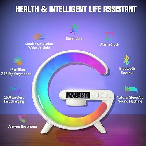 Miniatura 5 de Lámpara LED inalámbrica de luz nocturna, reloj despertador con altavoz Bluetooth, luz LED en forma de G y cargador de teléfono y lámpara de ambiente