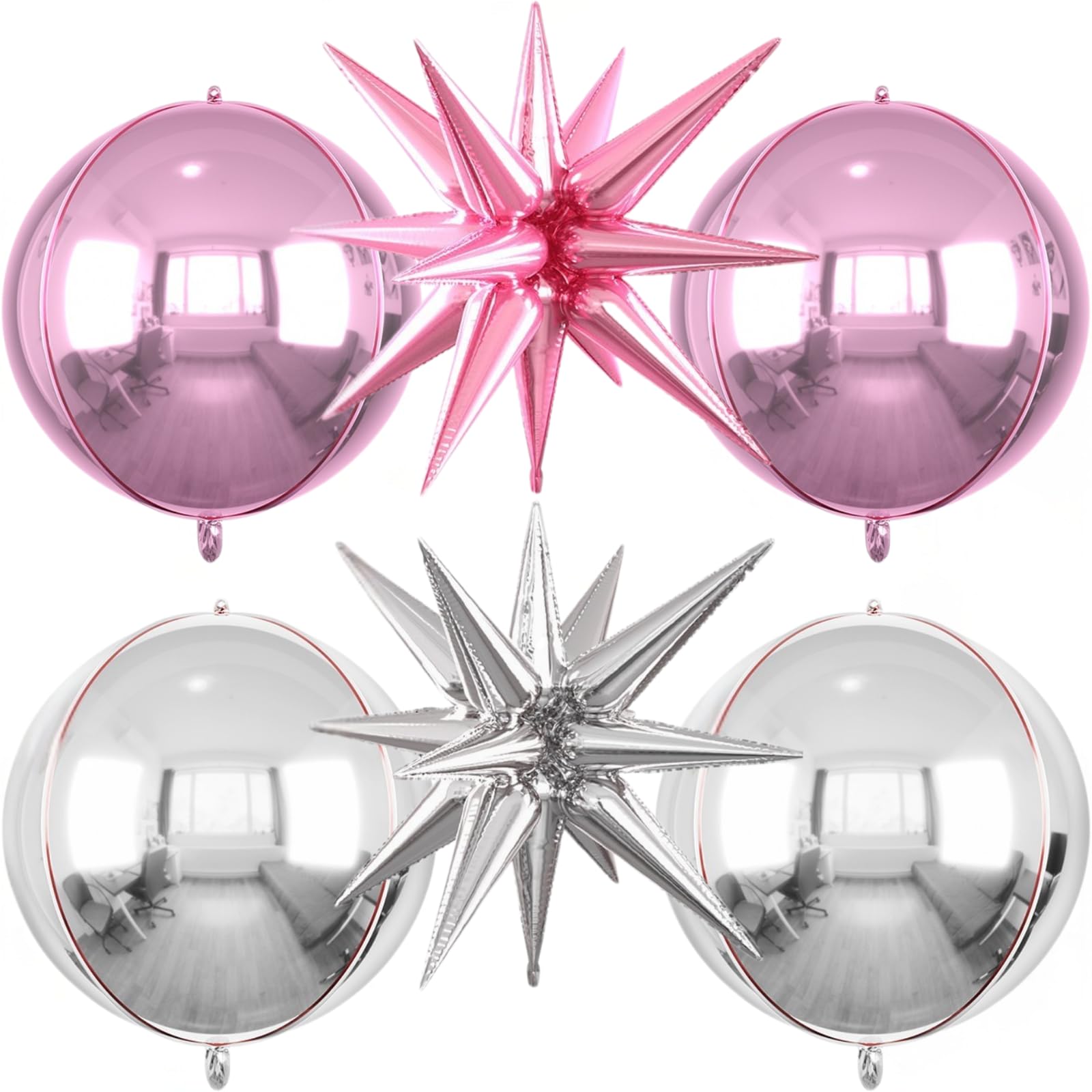 6pcs 22 inch Pink Silver Star Balloons and 4D Large Foil Balloons, Pink and Silver Star Balloon 4D Foil Balloon For Birthday Baby Shower Party Wedding