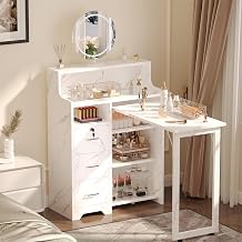 Foldable Nail Desk for Nail Tech, Portable Manicure Table, L Shape Nail Table with Power Outlets & Lockable Drawer & Shelves, Professional Nail Tech Workstation for Home Salon Marble