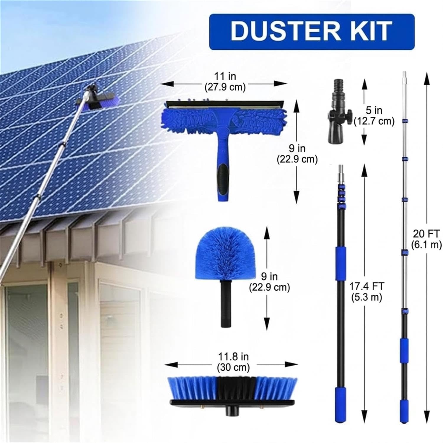 Gresonic Multifunktional Profi fensterputzer Set, wasseranschluss mit 6M Teleskopstiel,Fensterabstreifer Spinnwebenbesen, Profi fensterputzer Set reinigungsset für Solarpanels, Fenster, Dachflächen
