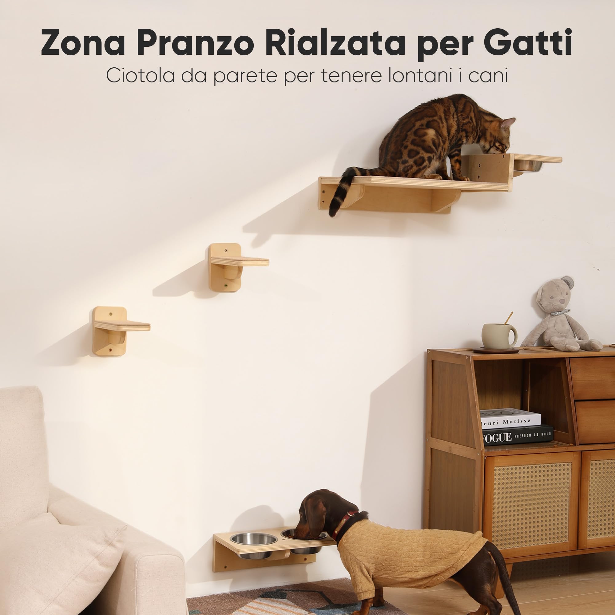 FUKUMARU Mensole per Gatti a Parete 3 in 1, Set con Stazione Alimentare e 2 Gradini, Mensola in Legno Massello, Spazio Risparmiato, Sicuro e Resistente, Adatto per Gioco e Riposo.