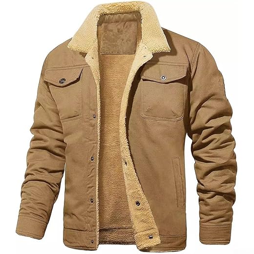 Jaqueta cargo masculina quente forrada com lã, casaco grosso de lapela de pelúcia casual de inverno para férias diárias de férias preto a verde militar (M marrom)
