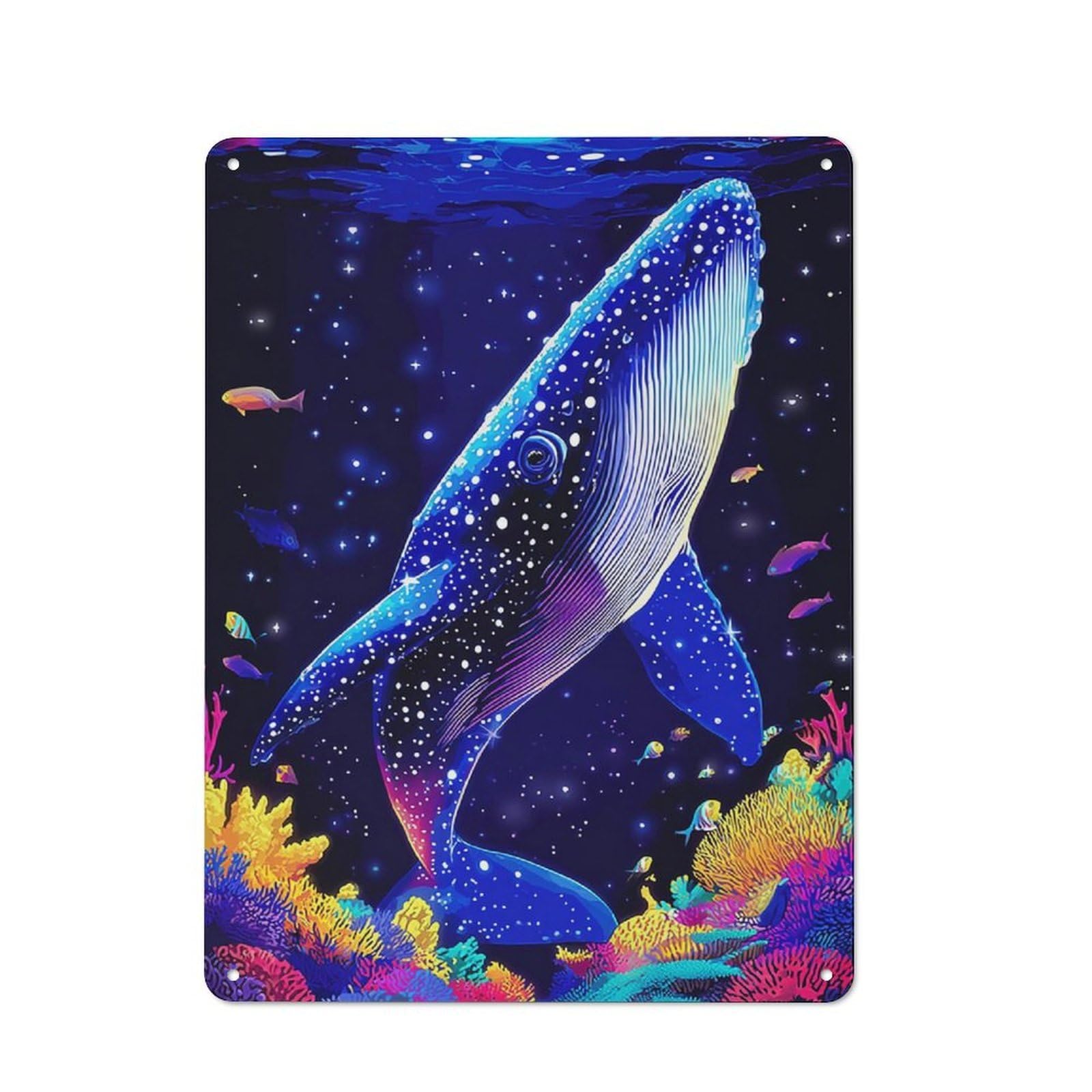 Junmoney Neon Whale In Coral Paradise Retro Tin Wall Plaque 40X30cm For Garage Or Workshop, A Metal Wall Feature For Garages And Tool Rooms
