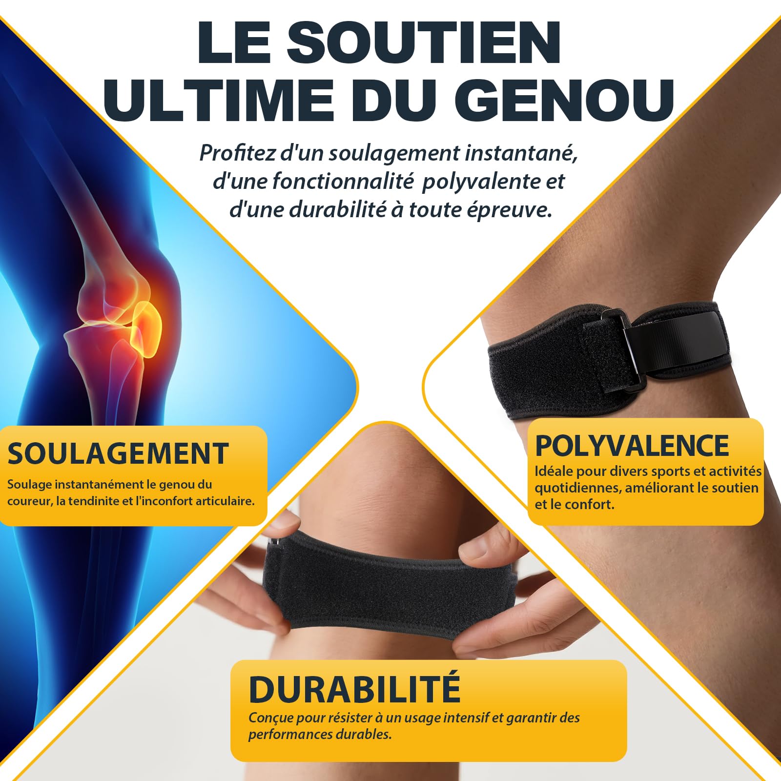Bande patellaire pour sport, fitness et quotidien – Genouillère réglable contre la tendinite patellaire, genou du coureur et douleurs au genou – Bande unisexe pour taille M/L, 2 pièces