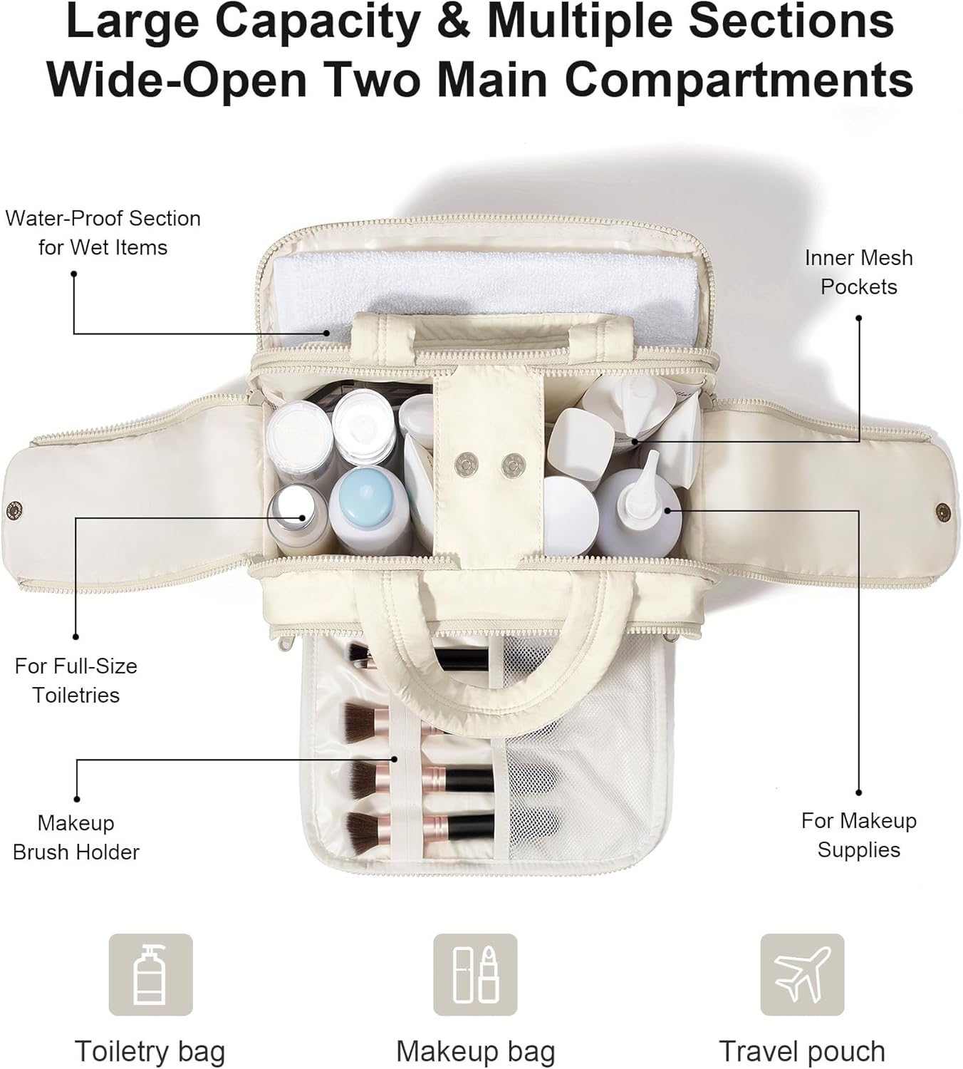 Travel Toiletry Bag, Large Wide-open Puffy Toiletry Bag for Women, Lightweight Quilted Makeup Bag Cosmetic Organizer with Handle Water-resistant Travel Essentials for Toiletries Accessories Beige - Image 3