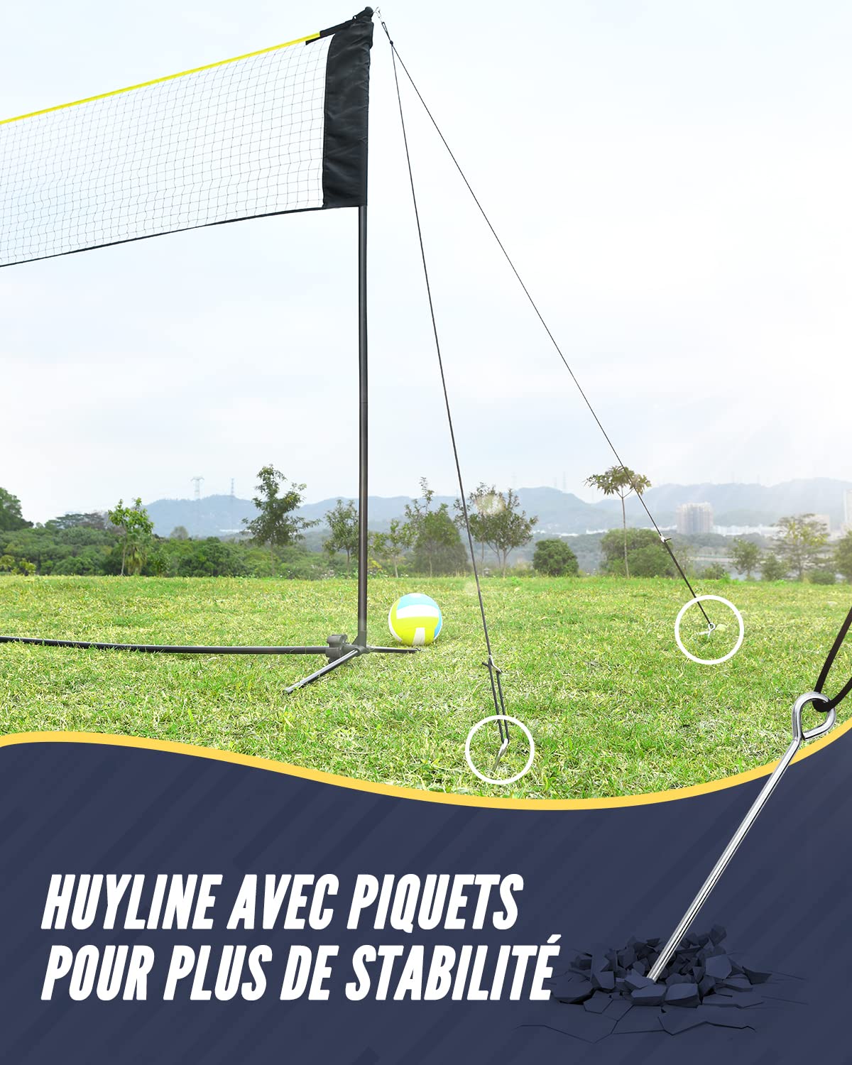 Filet de Badminton et Volleyball de 5.18M- Filet de Sport réglable en Hauteur extérieur avec poteaux, 4 Raquettes de Badminton, 3 Volants et 1 Volley-Ball pour arrière-Cour, Plage, Jardin