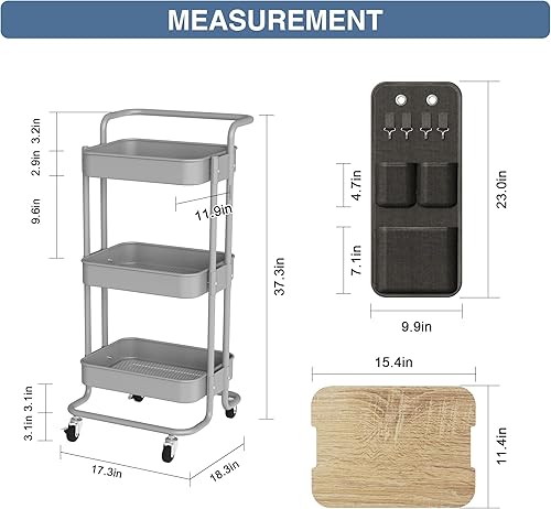 Miniatura 7 de DTK Carrito de metal de 3 niveles con mesa y bolsas laterales, bandeja organizadora de almacenamiento, 4 ganchos para cocina, baño, oficina, sala de