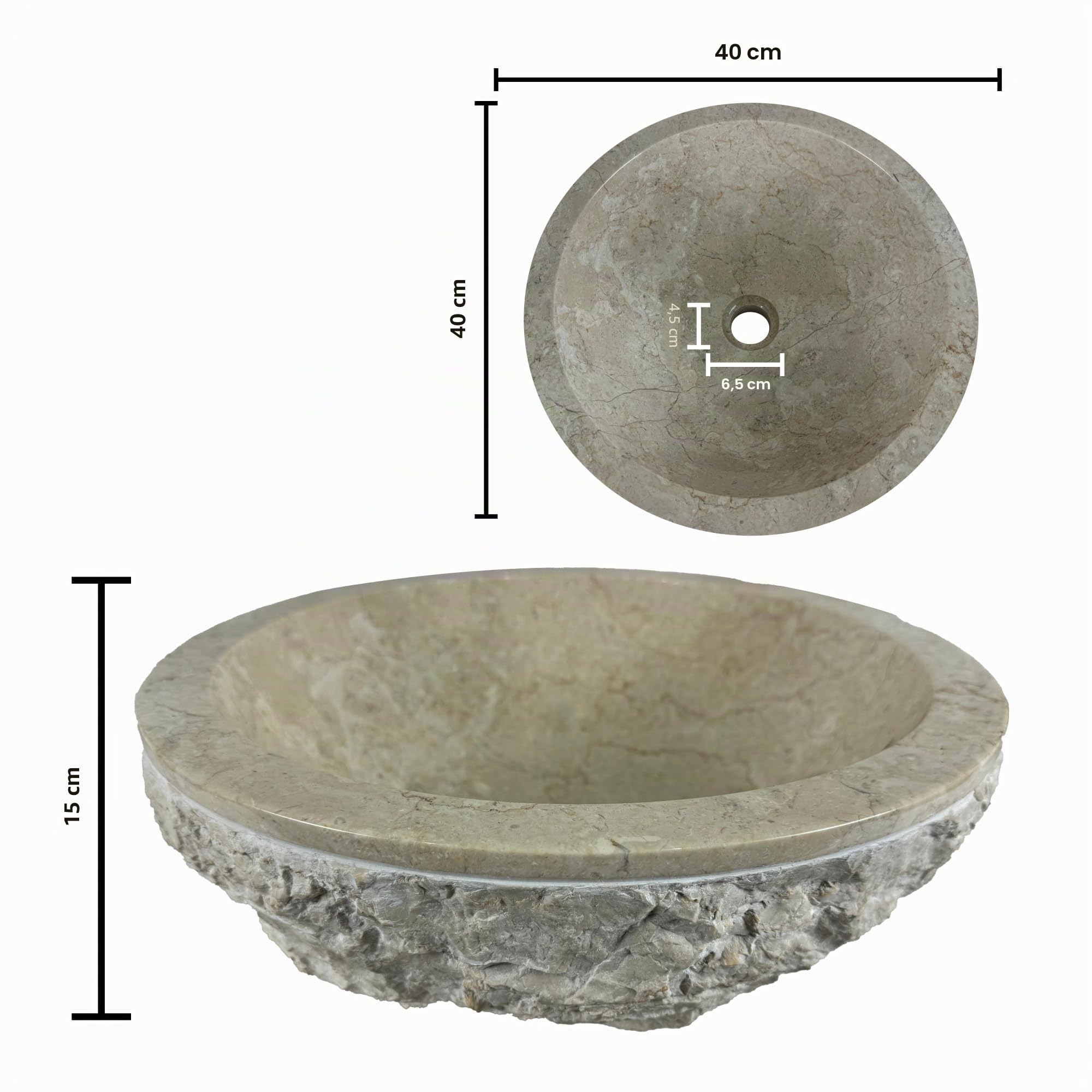 Lavabo rond 40x40x15 cm - Marbre - Pierre naturelle - Évier de salle de bain - Vasque à Poser de Toilette - Brillant - Lave-mains moderne (Crème)