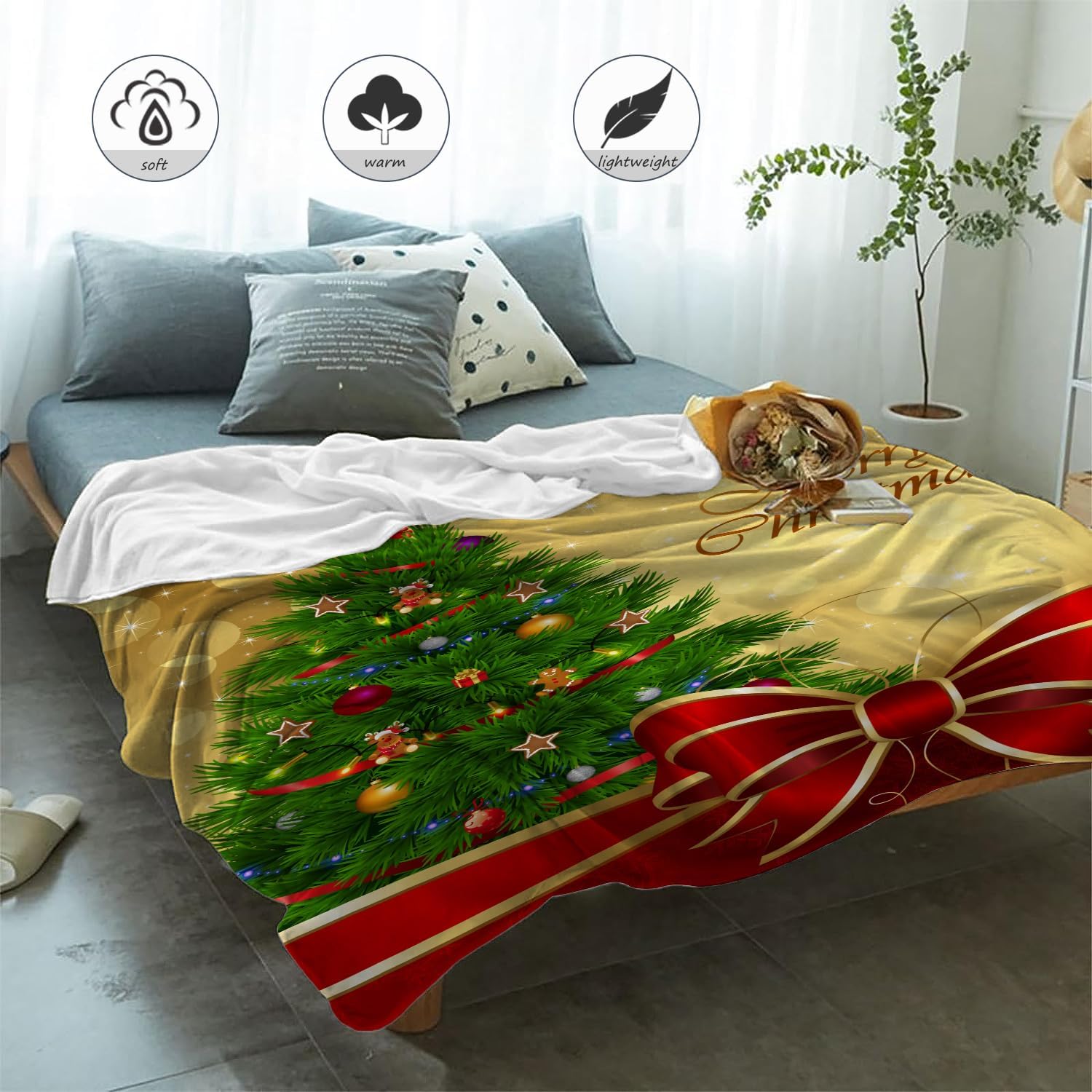 Neatee Living Christmas Throw Blanket King Size Red Gold Christmas Tree Blanket Xmas Holiday Blanket for Bed Couch Large Oversized Soft Lightweight Fuzzy Plush Fleece Blankets and Throws 90x108