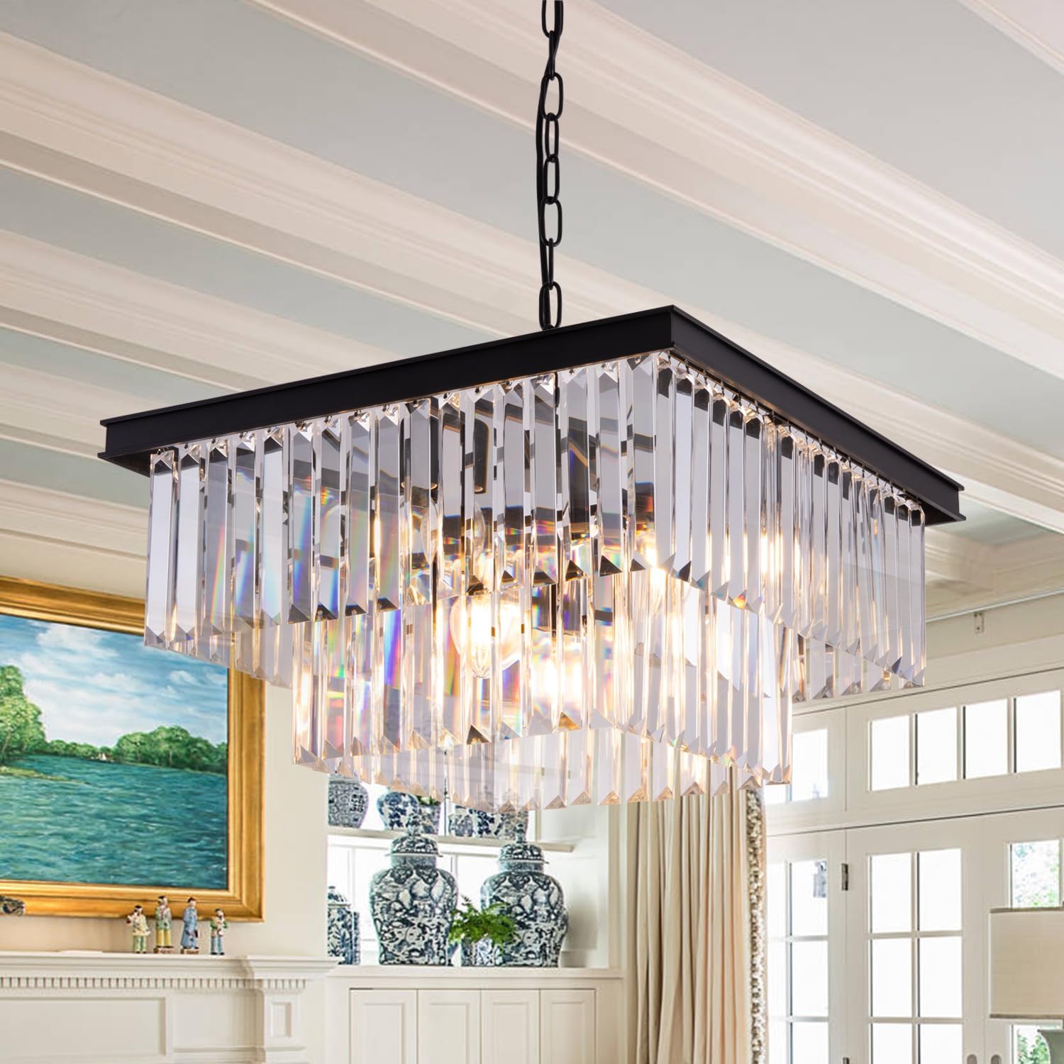 – Wellmet Modern Crystal Chandelier, 9 Lights Square Black Farmhouse Chandeliers with K9 Crystals, Pendant Light Fixture for Foyer Dining Room Bathroom Bedroom Livingroom Kitchen Island