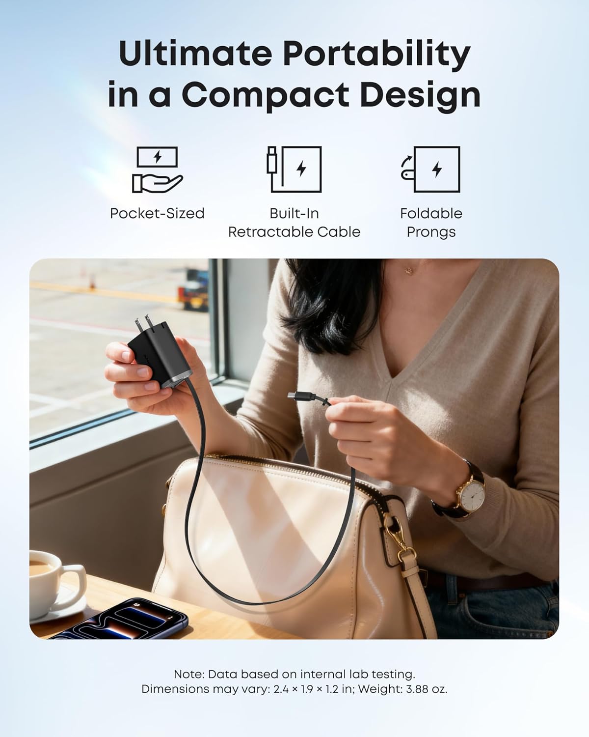 Anker Nano USB C Charger Block, 35W Max 2-Port Compact Charger with Durable Built-in Anker InstaCord Retractable Cable, with iPhone 17/16/15 Series, iPad, and More(Black,Non-Battery)