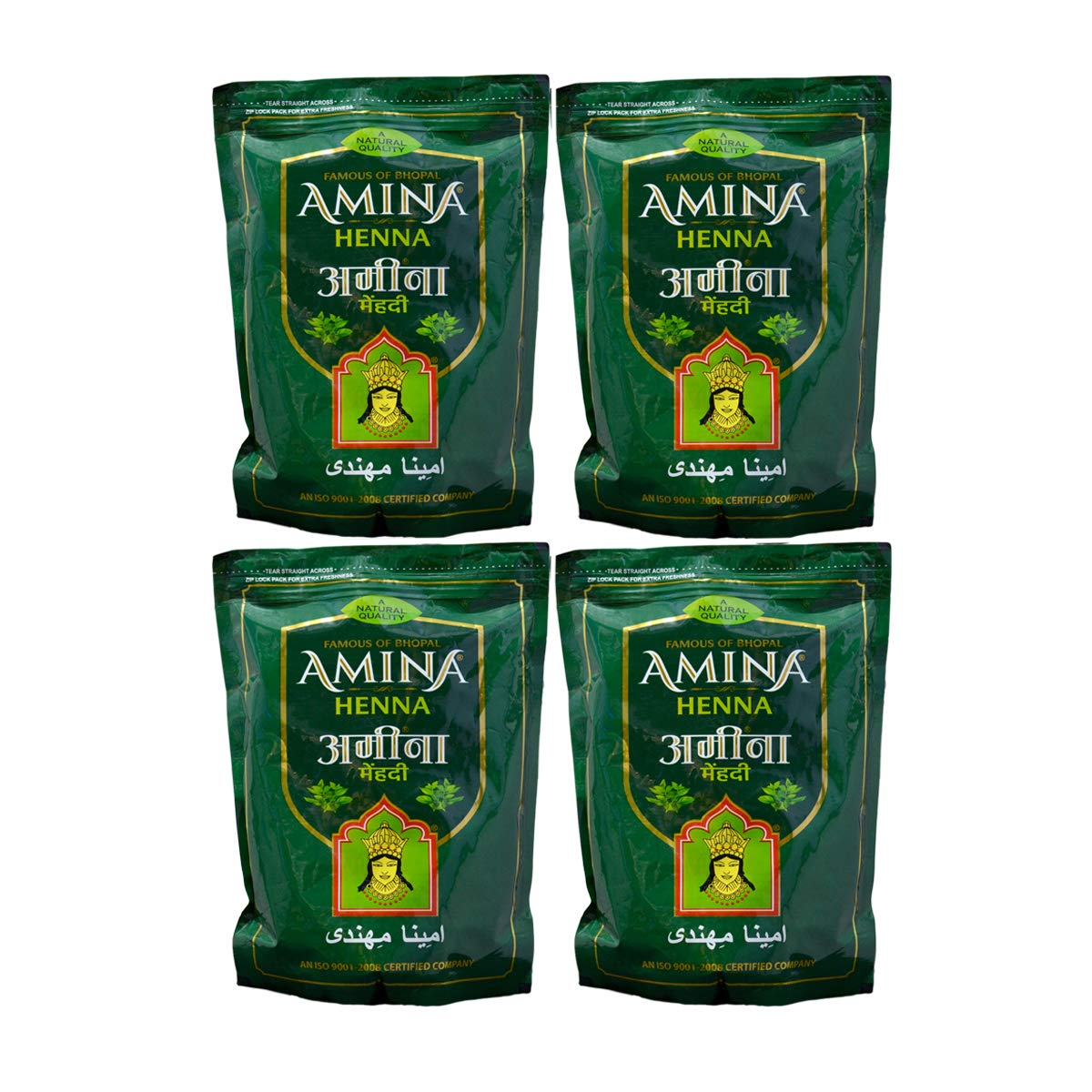 Amina Henna Mehndi Natural Henna Powder For Skin Hand and Hair, Green, 4000 G (Pack of 4)