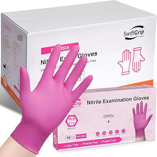 SwiftGrip Guantes de nitrilo sin polvo, caja de 50 unidades, 3 mil, guantes de nitrilo desechables, sin látex, sin polvo, rosafucsia