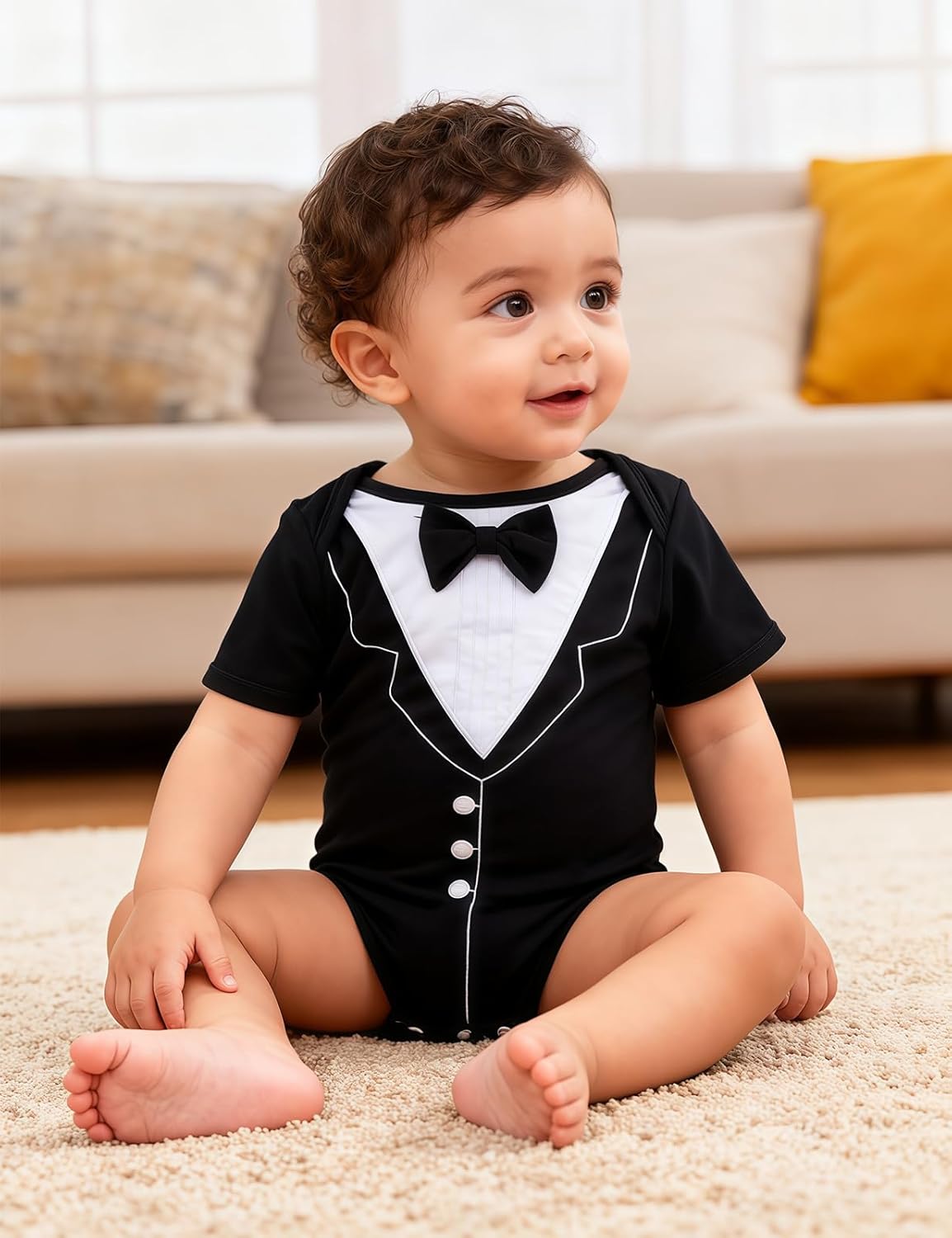 A&J DESIGN Baby Boys' Tuxedo Bodysuit With Bowtie Gentleman One-Piece 3-24 Months - Image 3