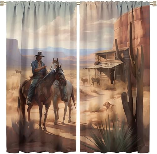 Cortina decorativa de vaquero occidental, estilo vintage, granja, desierto, vaquero, caballo, cactus, decoración del hogar, ventanas, con bolsillo