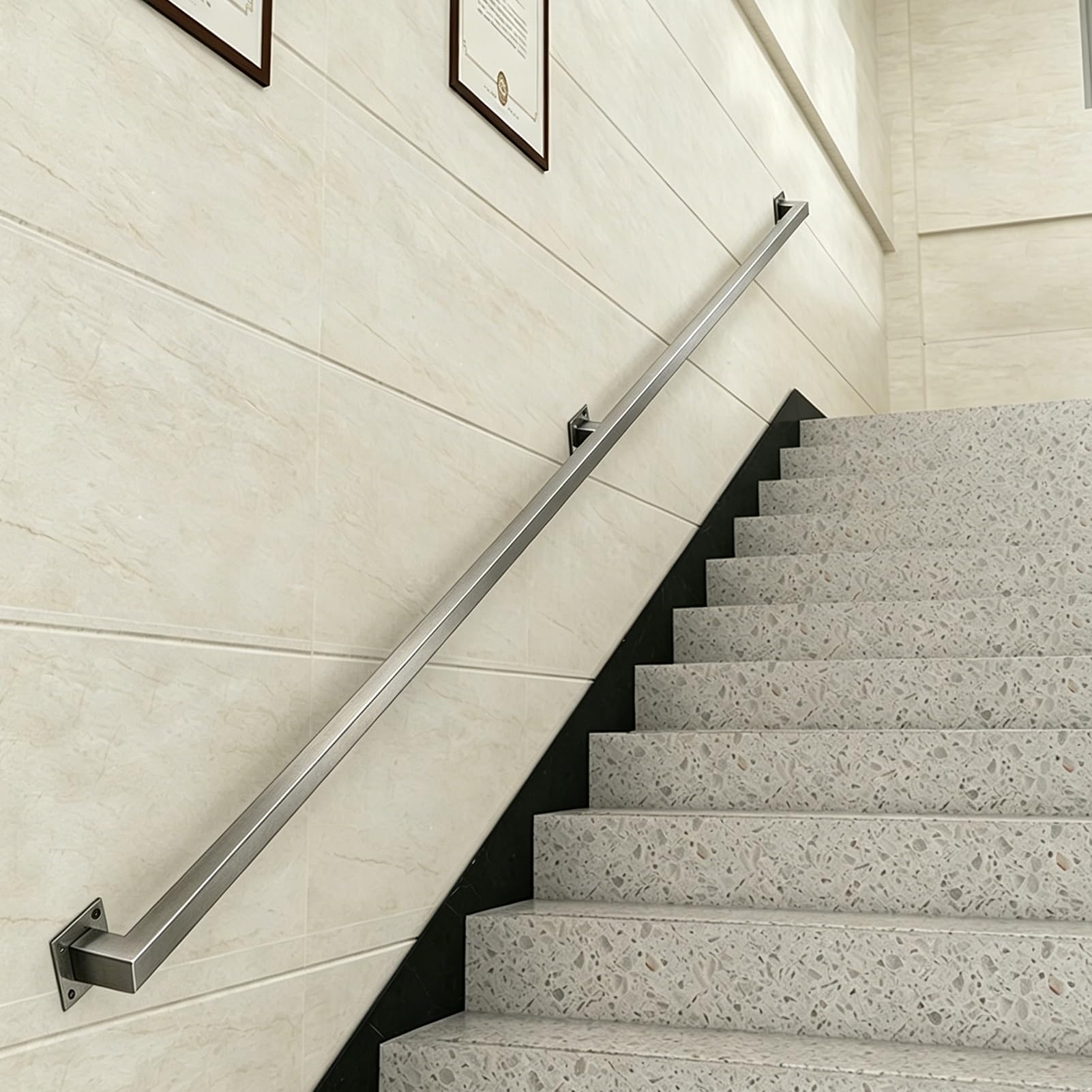 Hamankim One Color Square Handrail For Stairs Steps, Wall Mount Sturdy Non-Slip Support Rod, Silver Stainless Steel Grab Bars Banister Railing For Garden Corridor Lofts Kindergarten(17Ft/5.1M)