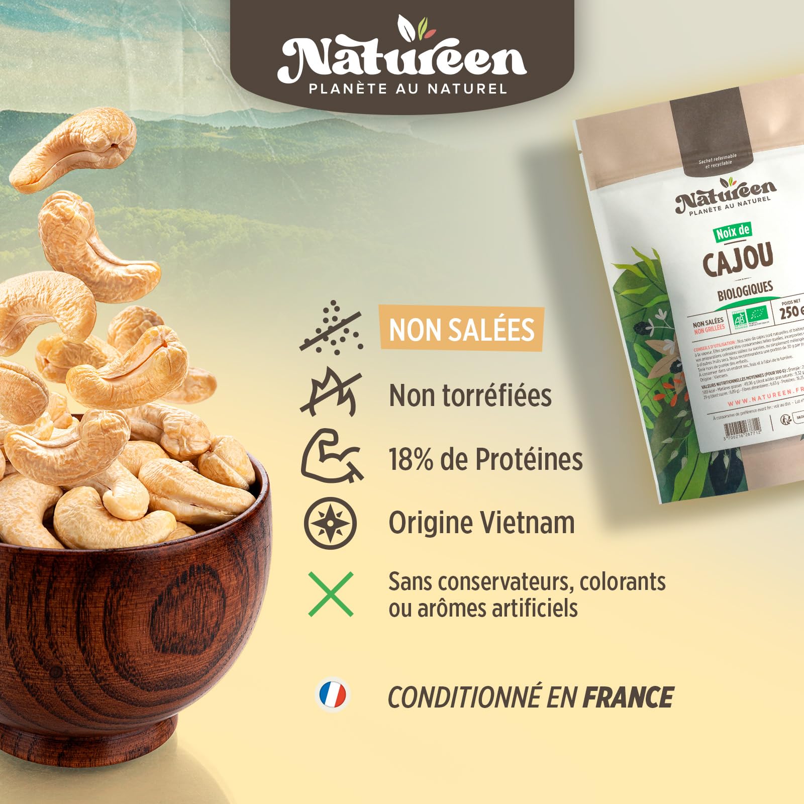 Noix de Cajou Bio 1 kg - Décortiquées - Non Salées - Non Grillées