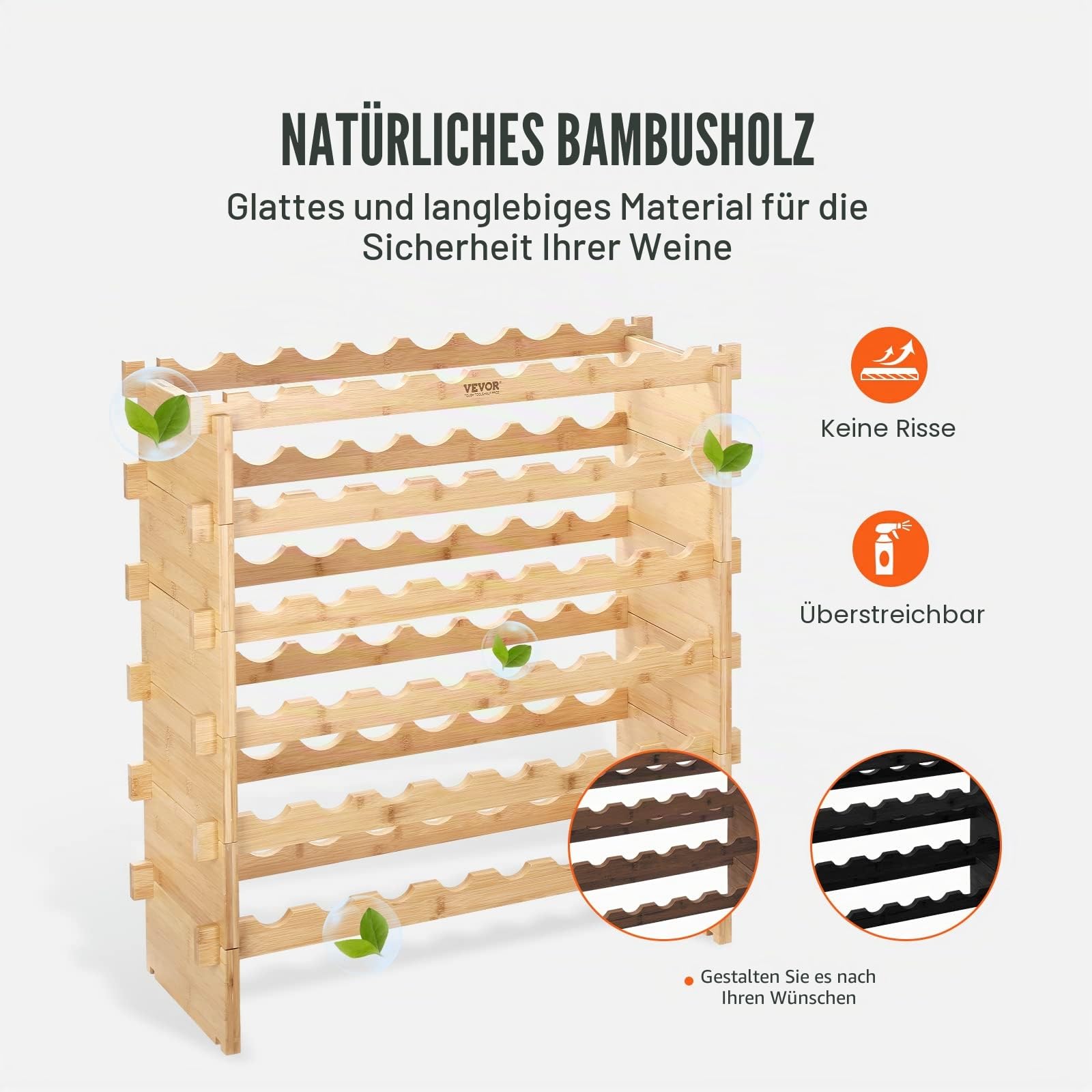VEVOR Weinregal Weinständer für 48 Flaschen, BambusßFlaschenregal mit 6 Fächern, Stapelbar Vintage Weinständer Metall für Keller, Bar, Lagerraum usw. Flaschenhalter Weinflaschenregal 60 kg Belastbar