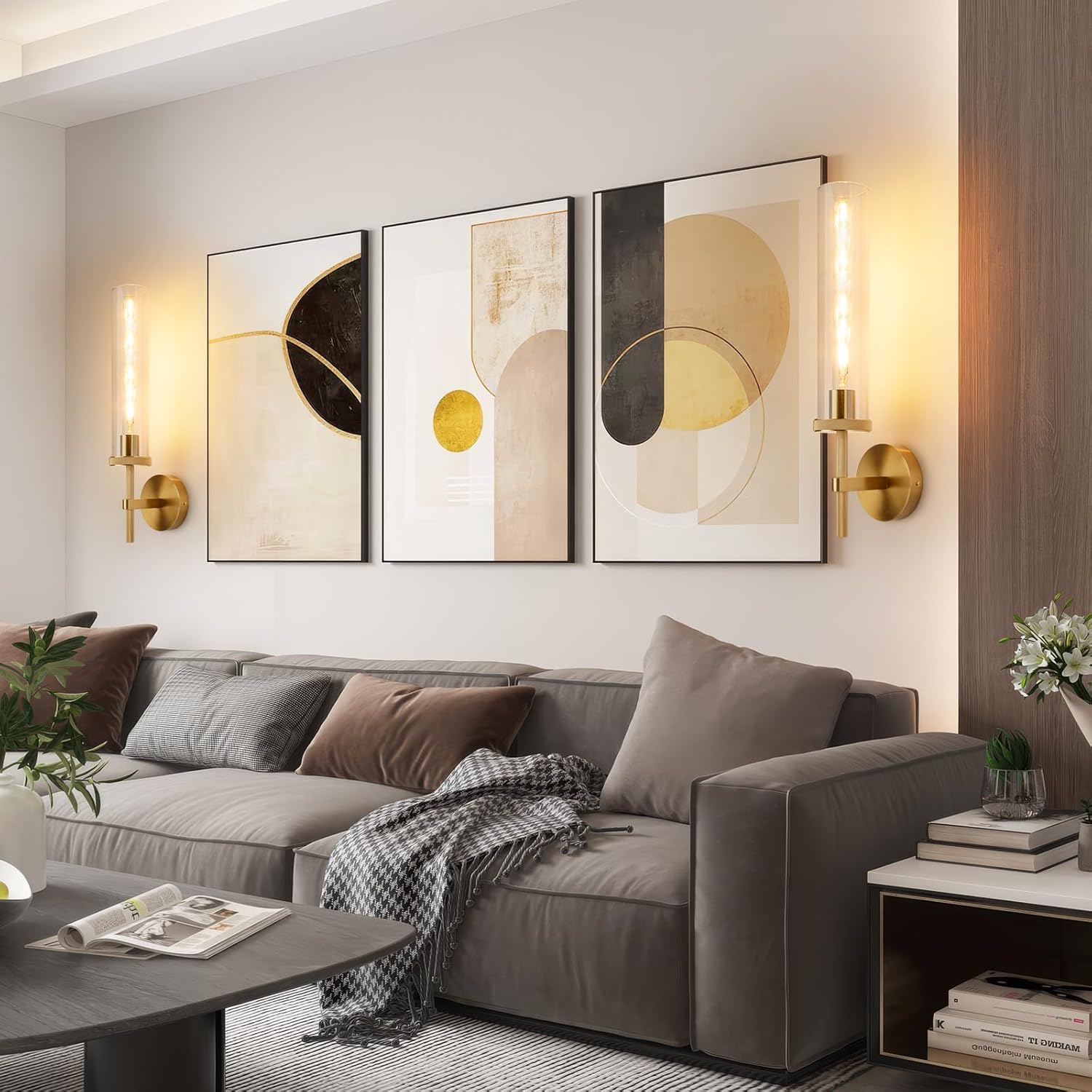 19.5" Knurled Gold Hardwired Wall Sconces Set of 2, Bathroom Vanity Light Fixtures with Clear Glass Tube, Modern Lamp Lighting for Bedroom, Living Room, Hallway, Staircase, Mirror, Kitchen