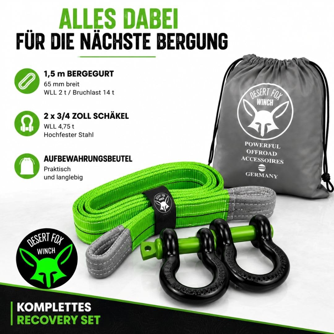 Bergeset mit 1,5 m Bergegurt nach EN 1492-1 und 2 x 3/4 Zoll Schäkel - Baumgurt, Anschlaggurt, Recovery Set für Offroad, Forst und Geländewagen