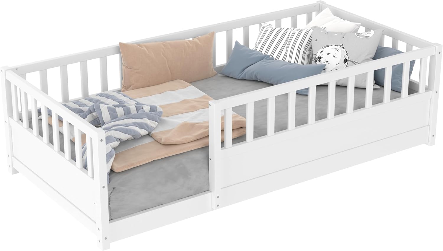 Bellemave Twin Size Montessori Floor Bed with Fence, Easy Assemble Montessori Beds for Kids, Girls, Boys, White