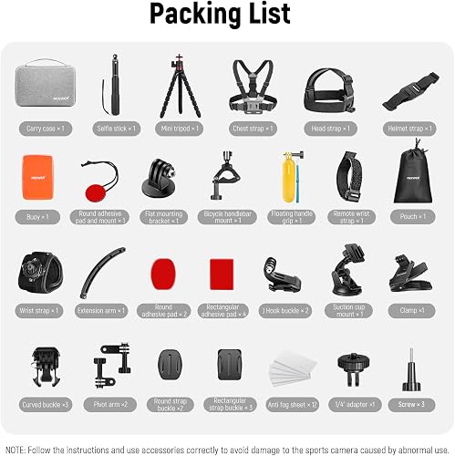 NEEWER Kit d'Accessoires pour Caméra d'Action 50en1 Compatible Avec GoProHero 131211 DJI OSMO 4 3 2 Insta360X4X3 SJCAM AKASO VicTsingAPEMAN Campark Sony Sports DV avec support poteau pour caméra GP-10 - 7