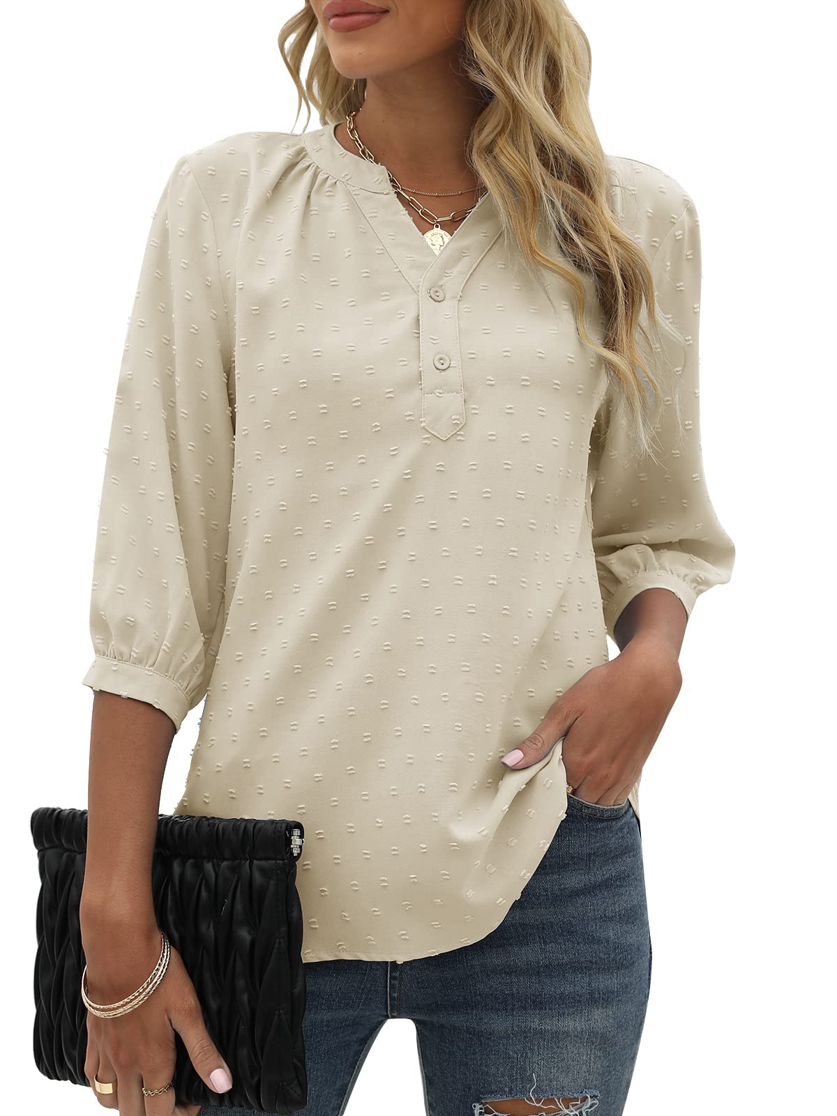 Bequemer Laden Mujer Verano Cuello en V Manga 3/4 Blusas Punto Suizo Túnica Tops Casual Botón Camisas