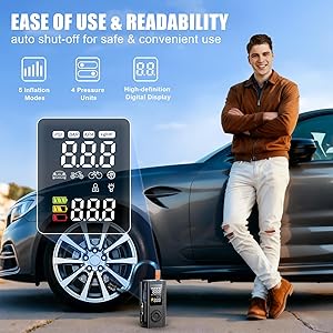 Tire Inflator Portable Air Compressor, 150PSI Cordless Air Pump For Car Tires, Bike Pump, Motorcycle, Balls with Digital Pressure Gauge, LED Light and Auto Shut-Off Function, Car Accessories, Black