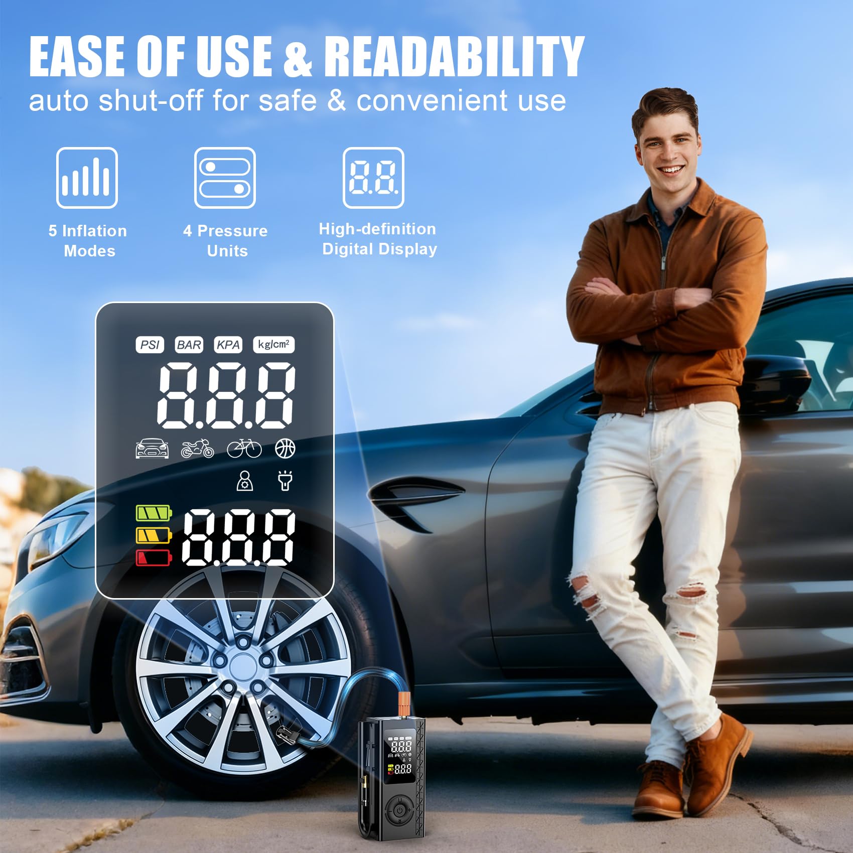 Tire Inflator Portable Air Compressor 150PSI Cordless Air Pump For Car Tires Bike Pump Motorcycle Balls with Digital — view 4