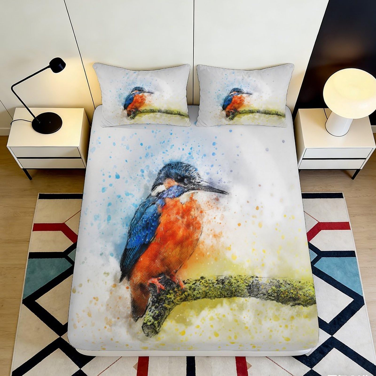 3D Printed Kingfisher Bird Fitted Sheet Microfiber Soft Breathable Watercolor Branch Bed Cover for Bedroom Decor 90x200x25cm