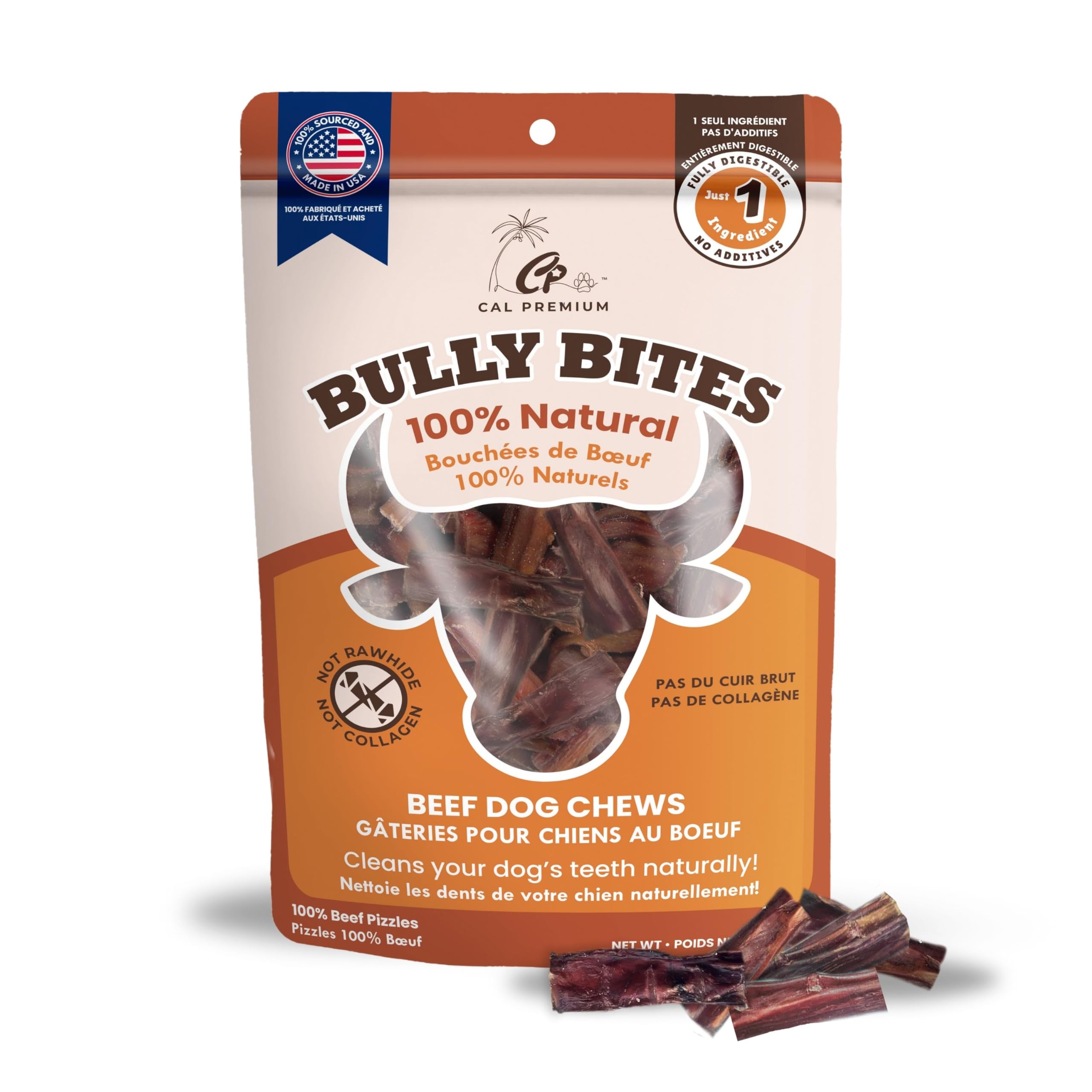 Cal Premium Natural Bully Stick Bites for Dogs, 2-3 inch, 1 Pound | 100% USA Sourced & Made, Single Ingredient, Fully Digestible Bite Sized Beef Chews