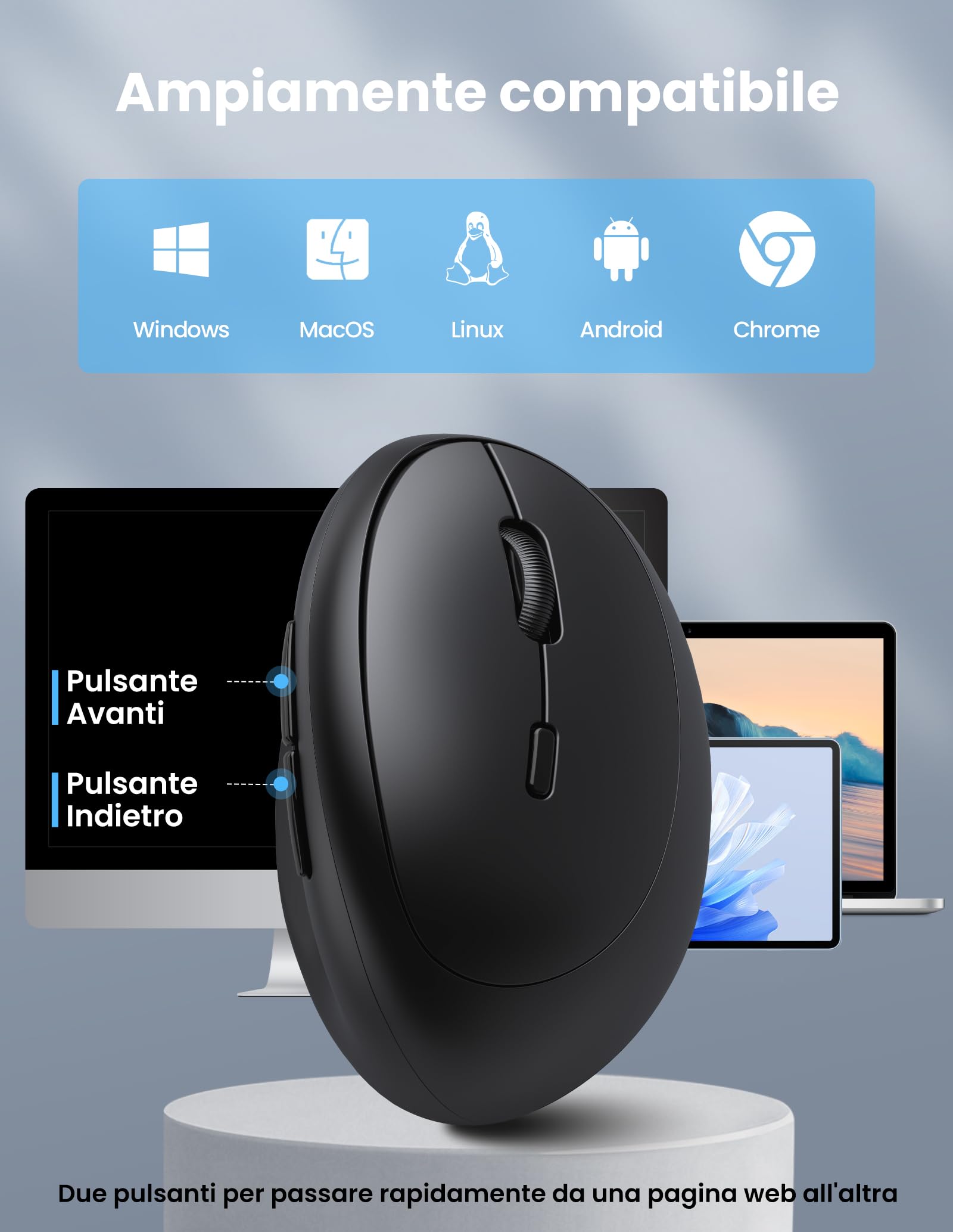 TECKNET Mouse Verticale, Mouse Bluetooth Ergonomico Ricaricabile, Multi-dispositivo (BT5.0/3.0 + 2.4G), 4800 DPI, Clic Silenziosi, 6 Pulsanti Per PC, Computer Portatile, Mac - Nero