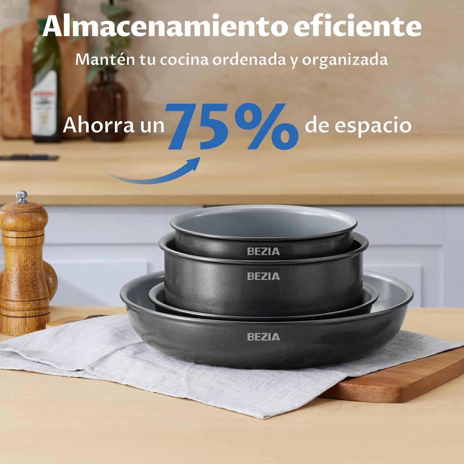 BEZIA Juego de Sartenes Antiadherentes para Inducción, Sartén de Cerámica | Juego de Ollas Cerámica de 10 Piezas, Juegos de Sartenes con Asas Desmontables, Juego de Utensilios de Cocina Apilables