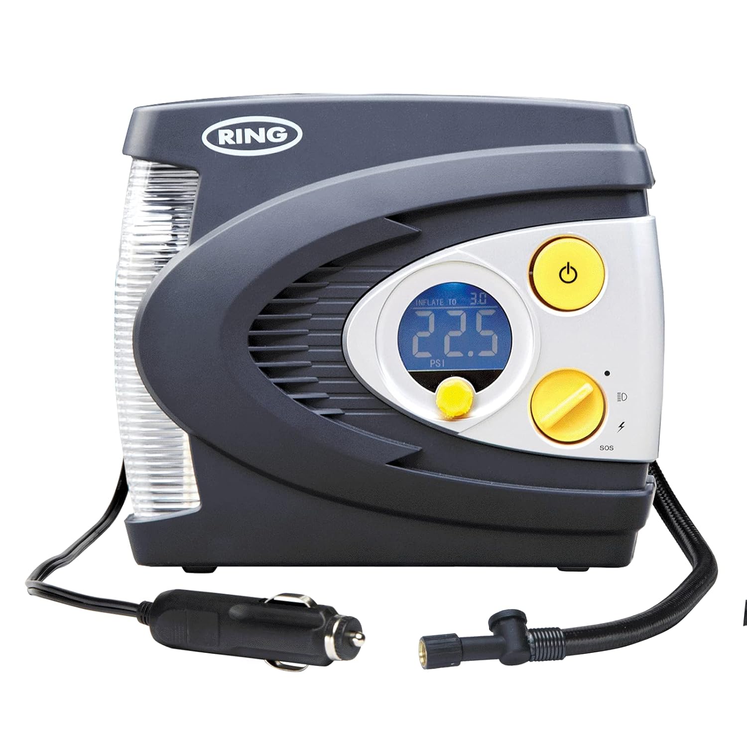 RING RAC635 12V Preset Digital Air Compressor with LED Work and Safety Light, Inflates Fully