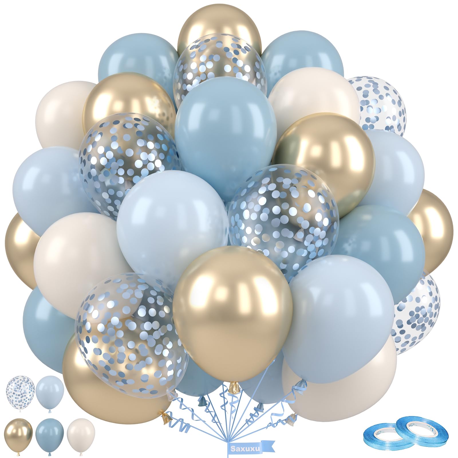 Staubige blaue und goldene Luftballons, 30,5 cm großer blauer goldener Ballon, metallischer Gold-Retro-Nebel-Blau-Weiß-Konfetti-Ballon, Latex-Ballon für Hochzeit, Babyparty