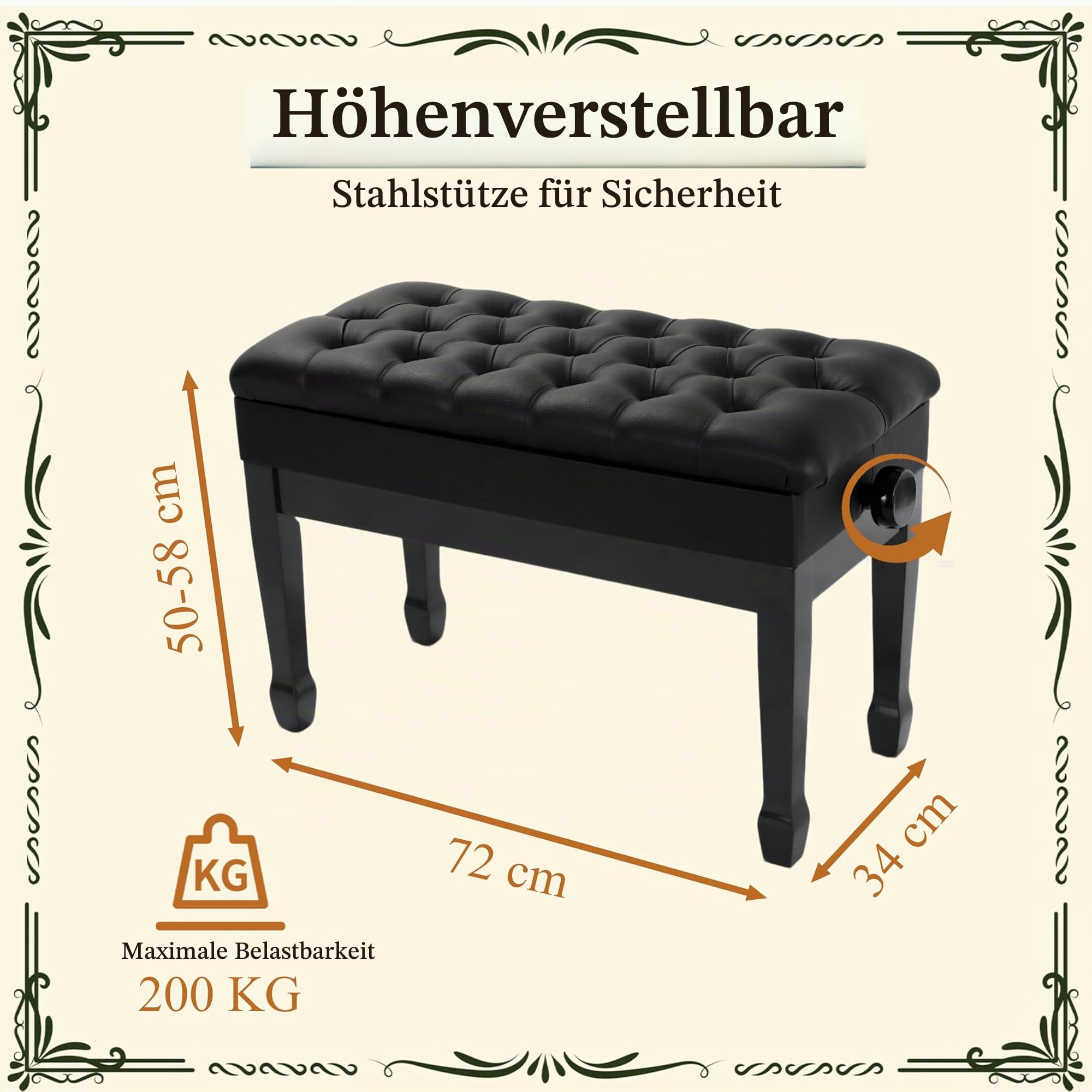 Clevich Doppelte Klavierstuhl höhenverstellbar 50-58 cm, Pianobank mit Stauraum, Klavierbank mit PU Lederkissen, Robuste Klavierhocker aus massivem Holz mit gebogenen Beinen, Bis 200KG, Schwarz