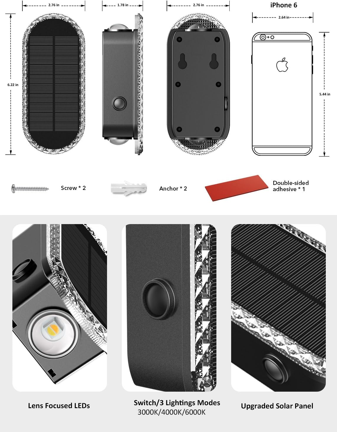 Solar Fence Lights Outdoor, 3000K/4000K/6000K 3 Modes Solar Wall Lights Outdoor Waterproof, Up&Down Dual-Head Outdoor Solar Lights for Yard House Fence Backyard Deck Garden Patio Porch, 6 PK - Image 7