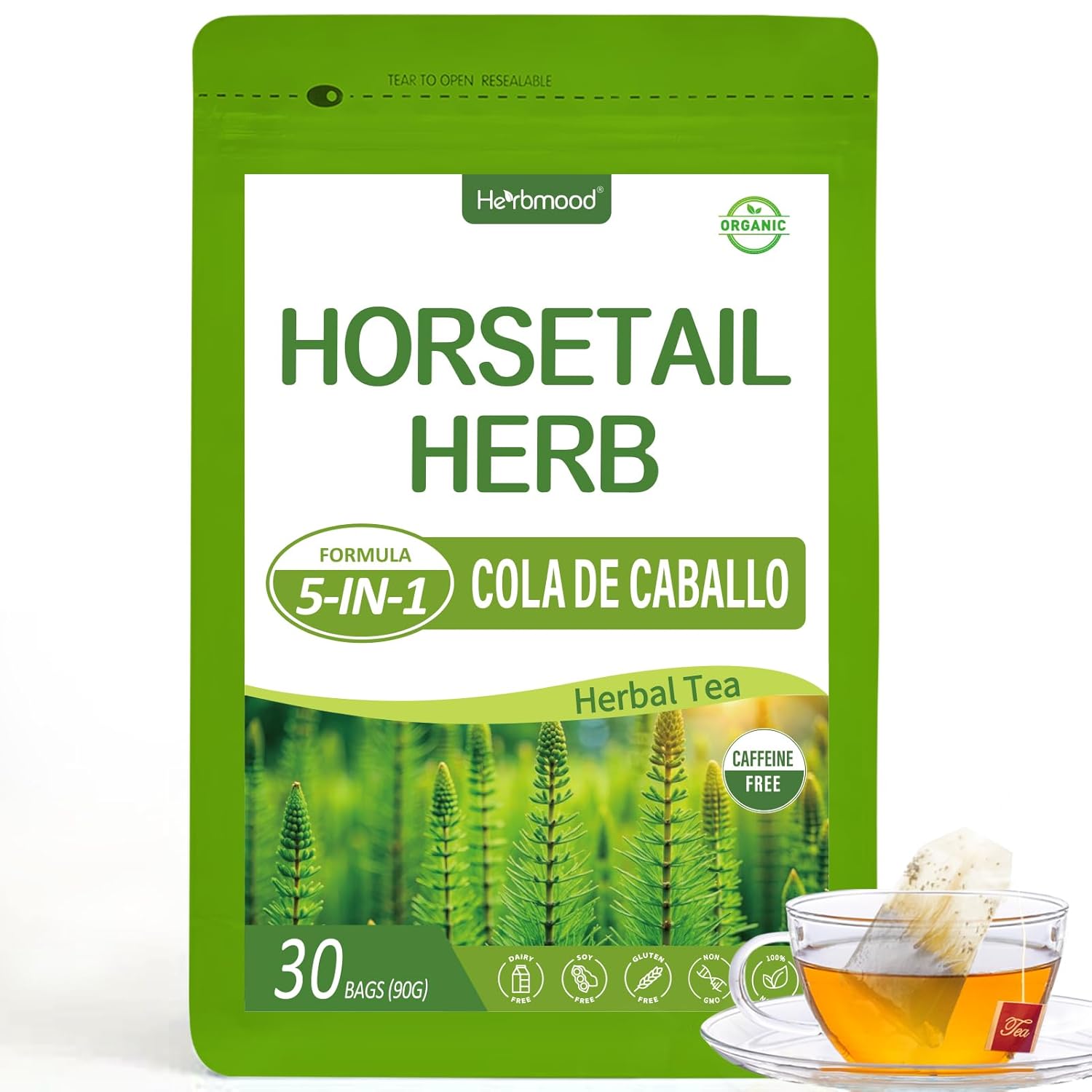 Herbmood Horsetail Herb Tea Bags for Detox Cleanse Support, Te de Cola de Caballo Hierba Organico para Limpieza de Colon y Desintoxicar, 5-in-1 Herbal Formula w/Dandelion, Corn Silk Extract.30 Bags