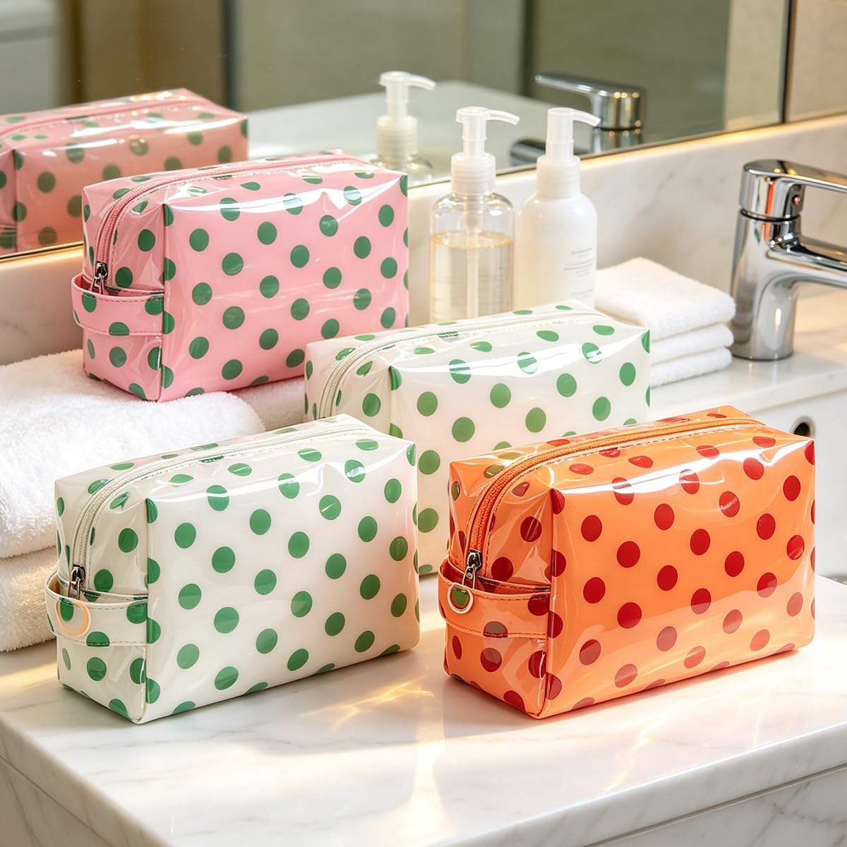Small Polka Dots Cosmetic Bags Women’s PVC Makeup Purse Waterproof Toiletry Bag Multi-Use Cosmetic Pouch Travel Work