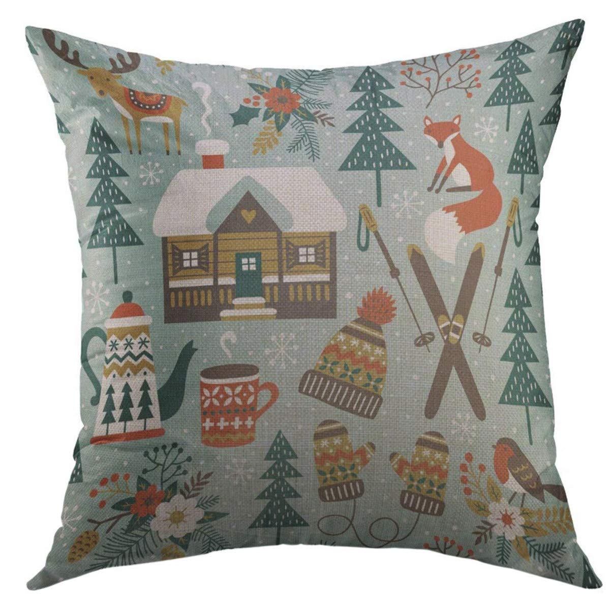 Mugodugod Decorative Throw Pillow Cover for Couch Sofa,Cute Animals Winter Woodland Repetitive Deer Fox Bird Chalet Flowers Ski on Light Home Decor Pillow Case 18x18 inch