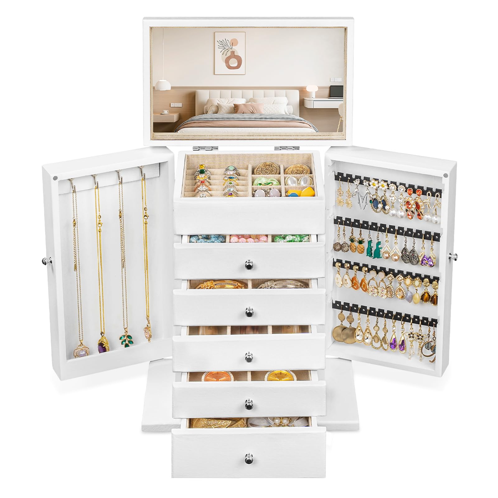 Schmuckkästchen, 6 Ebenen Schmuckaufbewahrung für Damen, Rustikales Holz Groß Schmuckkasten Organizers mit Spiegel, Schmuckbox für Ringe, Ohrringe, Armbänder, Halsketten (Weiß)
