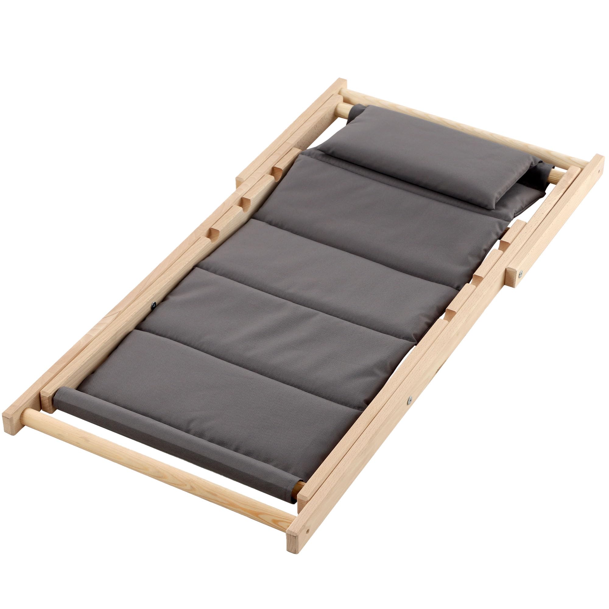 KADAX Liegestuhl, Strandstuhl aus Holz, Sonnenliege bis 120kg, Liege aus Buchenholz, Holzklappstühle, Strandliege, Klappliege für Strand, Holz-Liegestuhl (Mit Kopfstütze, Grau)